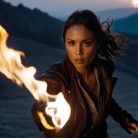 lexa_doig, <lora:LexaDoigXL:1>,woman, wavy hair,  half shot, explorer, running, dynamic movement, curious, rugged leather clothes, coat, bandana, amulet, belt, night, flaming torch, mountains background, dust, dim light, ominous, dark foreboding atmosphere, (masterpiece, best quality, ultra-detailed, best shadow), high contrast, (best illumination), ((cinematic light)), colorful, hyper detail, dramatic light, intricate details, (1 girl, solo) , ultra detailed artistic photography, dreamy, backlit, shadows, ultra high definition, 8k, ultra sharp focus, ultra high quality model, soft lighting, film photography, analogue photography, hyperrealism,