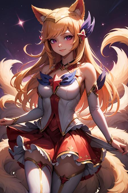 (masterpiece, best quality:1.2), intricate details,  <lora:GoodHands-beta2:1>, <lora:lol_star_guardian_ahriV4-000010:1>, star guardian ahri, 1girl, animal ears, hair ornament, detached sleeves, bare shoulders, skirt, magical girl, multiple tails, blonde hair, light smile