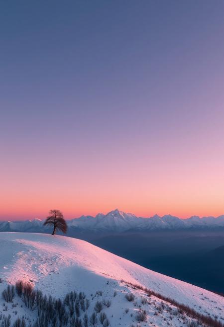 a snow covered mountain with a lone tree in the foreground, keisuke goto, gradient light purple, leading to a beautiful, sparse, carpathian mountains, awarded winning photo, beautiful avatar pictures, pink hues, gentle shadowing, in a desolate, images, <lora:Landscapes_II:0.8>aaa