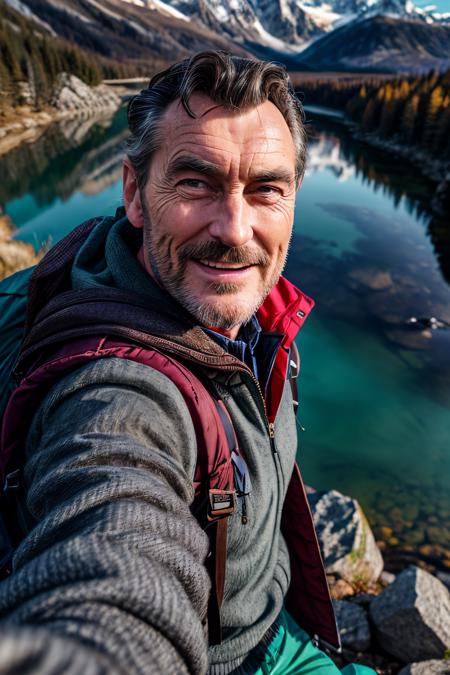 ((selfie)) photo of PhilipCipher, smiling, outdoors, mountains, wearing a backpack, sweater, and hiking jacket, rocks, river, wood, analog style (look at viewer:1.2) (skin texture), close up, cinematic light, sidelighting, Fujiflim XT3, DSLR, 50mm  <lora:LowRA:0.5>