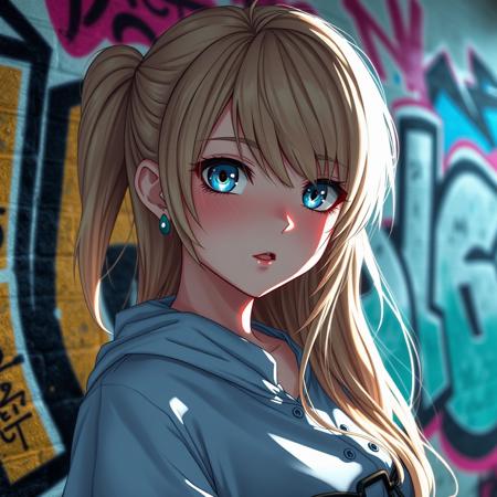 A anime girl with blonde hair and blue eyes in front of graffiti, octane rendering, unreal engine 5, beautiful women, 32k uhd, realistic scenery, charming characters, pop culture, shiny