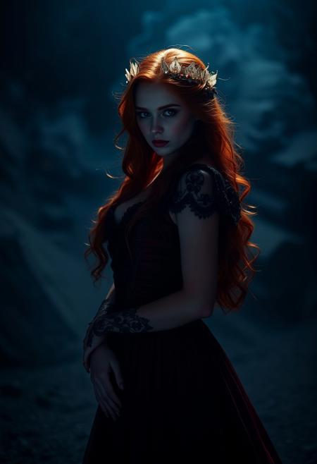 Luce Westernra, beautiful redhair girl, victorian dark red and ornamented gown, sensual pose, erotic, horror scene, at night , cold light, fog, mist,  top light, low saturation, tenebrism, highly detailed,  masterful studio photography