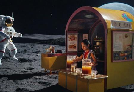 create an image of a local mexican girl running a tea stall on the Moon warmly welcoming the American astronauts during their historic visit shows the uniqueness of the tea stall and the tea stall itself,dynamic pose,4k, 8k,realistic,cinematic