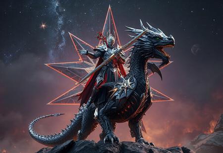 Epic full-body image of Galaxy Knight standing on a black Chimeratech Fortress Dragon, with a detailed 4K rendering. The Galaxy Knight, in silver and black armor with red and blue accents, wields the Celestial Sword - Eatos. The dragon stands in front of a Majestic Star Dragon, creating a dynamic and captivating composition. The image showcases intricate details, harmonious colors, sharp lines, and stunning colors. Rendered with Octane, it features vivid emotions and a powerful message. (76 words)