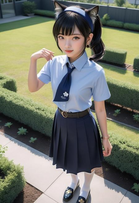 photorealistic of pretty young woman, she is standing pose and looking at viewer and paw pose on school garden, she has black ponytail with sligthly bangs, cat ears headband, wearing pastel indigo-blue short sleeves collared shirt, navy-blue neckerchief with white outline clover leaves pattern, navy-blue pleated pencil long skirt, black belt with gold circle buckle, white socks and black mary-jane shoes, (1girl, solo,full body), (masterpiece, best quality), BREAK, (pastel indigo-blue short sleeves collared shirt, navy-blue neckerchief with white outline clover leaves pattern, navy-blue pleated pencil long skirt, black belt with gold circle buckle, white socks and black mary-jane shoes)