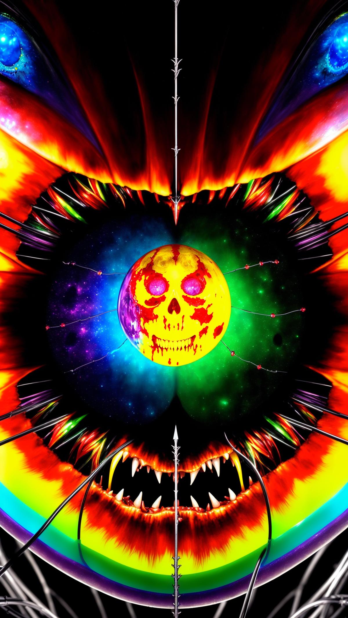 A psychedelic image of a skeleton face and a planet with purple, green, and yellow colors.