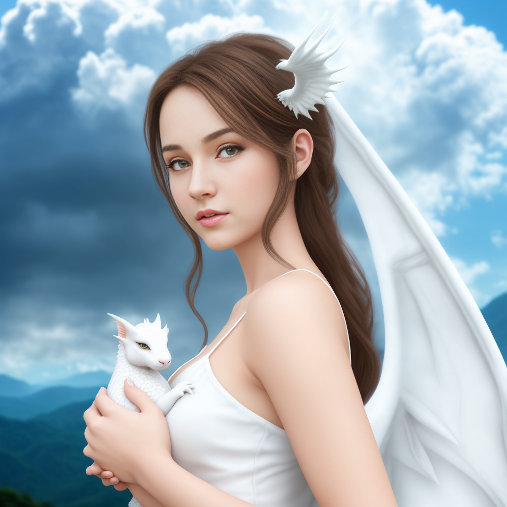 1girl, half body, closeup portrait of a beautiful 21yo woman with (a little white dragon in her arms), surrounded by white...