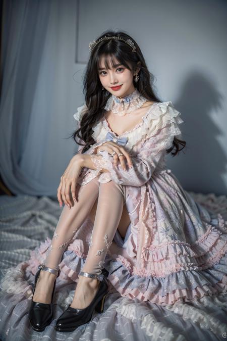 best quality, masterpiece, photorealistic, 1girl, solo, full body, sitting, long black straight hair, blunt bangs, looking at viewer, smile, lo dress, long dress, layered dress, choker, bow, long sleeves, white thighhighs, high heels, <lora:lo_dress_vol2_style7_v2:0.65>