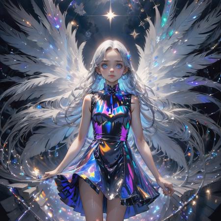 This is a masterpiece of art with a high level of quality and detail. The girl in the picture sits on a blue star, inside a church. She had white hair and blue pupils, surrounded by many glowing feathers, and a cold facial expression. Her long hair was fine and complex, like filaments. Her body took on a broken and silvery effect. The background of the picture is night, with many bright colored lights and rich clouds, and the moon is also hidden by clouds. There are also many glowing particles in the sky, adding to the mystery and movement of the picture. The details of the picture are extremely fine, including the girl's hair, face, body, etc. are clearly visible. In addition, the picture also uses the depth field technique, showing a very three-dimensional picture.