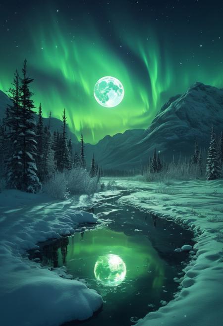 night, full illuminating moon, winter meadow, reflection in snow, nothern lights, aurora borealis, glowing, masterpiece, best quality, double exposure, realistic, whimsical, fantastic, splash art, intricate detailed, hyperdetailed, maximalist style, photorealistic, concept art, sharp focus, harmony, serenity, tranquility,
mysterious glow, soft colors,
ambient occlusion, halation, cozy ambient lighting, dynamic lighting,masterpiece, liiv1, linquivera, metix, mentixis, masterpiece, award winning,