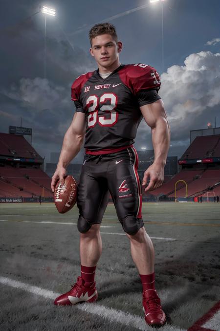 On a football field, holding a football, CFBrent, American football player wearing garnet red and gray American football uniform, (((full body portrait))), full body shot, wide angle  <lora:CFBrent:0.75>