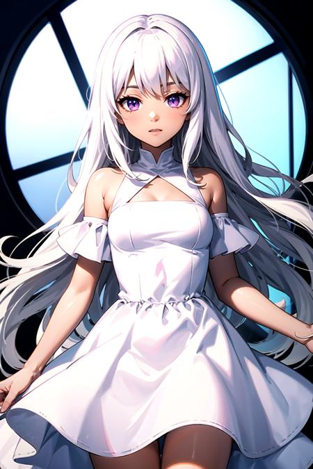 <lora:pc_chan:1>,pc_chan_smol,purple eyes,dark skin,white hair,long hair,white dress,