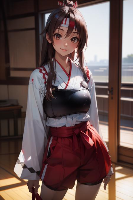 realistic, best quality, photorealistic, masterpiece, 8k, absurdres, extremely detailed face, 1girl, smile, <lora:Zuiho_v03:0.8:OUTD>, Zuiho, red_hakama, muneate, red_shorts, dojo,