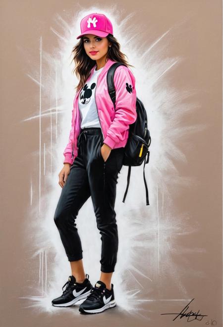 #pastel, #dry chalk drawing, #chalk on paper, #chalk shading, #chalk drawing, #tinted paper, #colored chalk drawing, #chalk shading,
Mickey Mouse style graffiti, with his signature pink hat and yellow bow tie. Mickey's girl is wearing a black jacket, black pants and black sneakers. She is carrying a backpack
style: Antonio Mora, Andre Cohn, Arthur Bordalo, Bob Ringwood, Benedick Bana,
