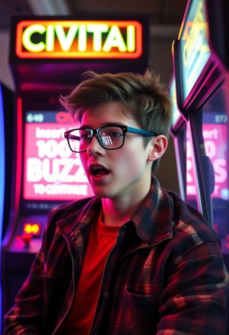 an 18 year old man in the 80s wearing 80s nerd clothes style with glasses the light reflex on the glasses  hypnotized open mouth staring hypnotized to the screen at an arcade with the name "CIVITAI" the title with polybius title where the screen says "insert 100 BUZZ to continue " many flashing lights from screen
