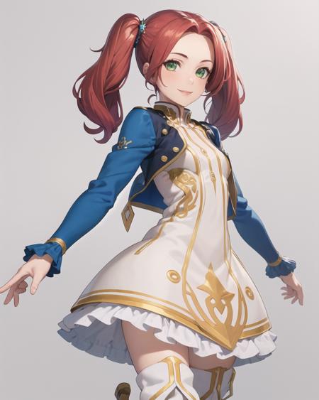 best quality, (masterpiece:1.2), illustration, absurdres,
(1girl, solo), (beautiful detailed girl),
<lora:Eleanor-08:0.9:>, Eleanor Hume, red hair, twintails,  green eyes, small breasts,
blue jacket,blue sleeves, long sleeves, white dress, ornate dress, white boots, thighhigh boots, 
looking at viewer, smile, cowboy shot,