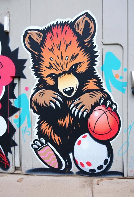 Graffiti art of a bear cub playing with a ball, street art, mural, great quality