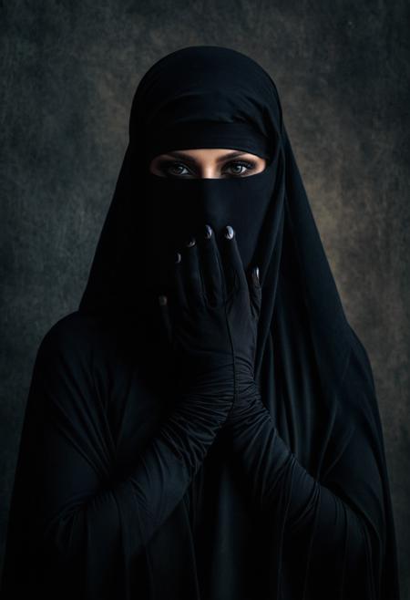Dark Fantasy Art of  a woman in a black burqa covering her face burqa style, dark, moody, dark fantasy style,