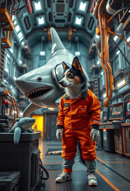 Closeup of an anthro border collie space engineer wearing orange overalls while building a large cybernetic lasershark in the heavy industries bay of a starship. The bay is several floors high with access ladders and platforms on all sides. There is an engineering workstation nearby with a shark plushie on it. The starship has a mixture of high tech and retrofuturistic aspects, combining styles of scifi movies and 1980s technology. Realistic photograph with cinematic color grading and vibrant lights and shadows.