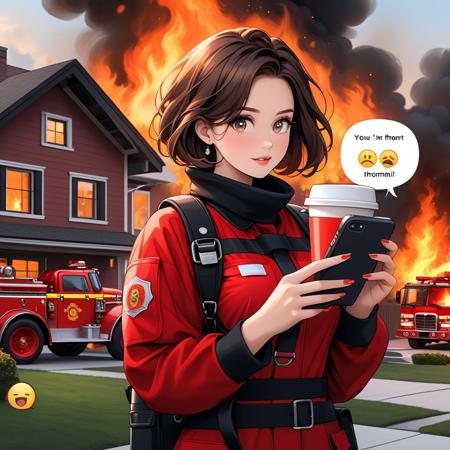 masterpiece,highres,best quality,best aesthetic, intriguing details, aaSKTm1n1,B0Y1E, solo,1woman, blush,short hair,drinking coffee, fireman uniform, standing in front of a house on fire,outdoor,firetruck, texting, emoji, speech bubble, phone,