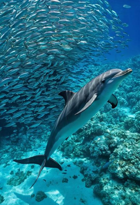 Dolphin gliding gracefully underwater, 
selected focus on delicate interplay of light and shadow across its sleek body, 
surrounded by a serene school of small fish, 
corals in a myriad of hues provide a lush, 
textured backdrop, 
captured in ultra-clear, 
high-definition photography, 
false color infrared.