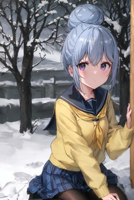 masterpiece, best quality, ultra-detailed, illustration, <lora:ShimaRin:1>, blue hair, bangs, topknot hair bun, purple eyes, long_sleeves, school_uniform, necktie, yellow serafuku, yellow sweater, neckerchief, skirt, black pantyhose,  white sailortie, looking at viewer, straight on,  snow, detailed trees, snow on trees, snow in hands, exhausted, snow on clothes