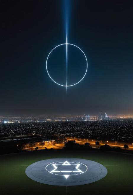 A stately pleasure-dome decree:
Aleph Tower, centre for the AI that rules the Human civilization, in a glittering city of glass and shining metal,
   bright sunlight under a pitch black sky.
So twice five miles of urban sprawl,
With walls and towers  girdled round;
In center: a black circle in bold lines intersected by a thick pentagram, five pointed star, symetrical
Photographer Reuben Wu Style
