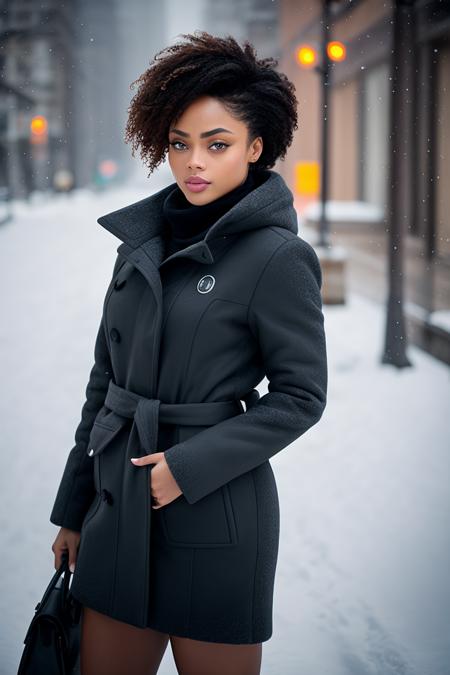 professional portrait photograph of (babycai:0.99), in winter clothing, beautiful face, cute natural makeup, afro haircut, wearing elegant winter fashion clothing, ((standing outside in snowy city street)), stunning modern urban upscale environment, ultra realistic, concept art, elegant, highly detailed, intricate, sharp focus, depth of field, f/1. 8, 85mm, medium shot, mid shot, (centered image composition), (professionally color graded), ((bright soft diffused light)), volumetric fog, trending on instagram, trending on tumblr, hdr 4k, 8k, (closeup portrait:1.2)