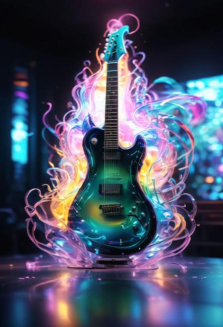 Transparent glass electric guitar, fluorescent silver neon cables inside
dynamic action motion capture, colorful, luminism, bioluminescence, studio lighting, hyper detailed, (masterpiece, best quality:1.4), shallow depth of field detailed background, (ultra realistic:1.2), , 4khigh-detailed, 8k, Aura, Glow,Artnthrmg
