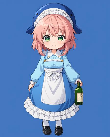 okunoda miyoi,1girl, solo, smile, white_socks, long_sleeves, holding_bottle, white_apron, blue_headwear, black_footwear, full_body, shoes, closed_mouth, blue_dress, standing, blue_background, blue_shirt, blush, white_border, looking_at_viewer, hat, wine_bottle, bobby_socks, frills
<lora:okunoda_miyoi_image445_2023-12-20-000010:1>,star-shaped_pupils,symbol-shaped_pupils,. gorgeous,key visual, vibrant, studio anime,award-winning, professional, highly detailed,high budget, cinemascope