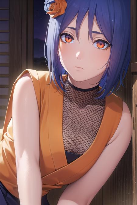 konan, <lora:konan-lora-nochekaiser:1>,
konan, blue hair, (orange eyes:1.5), short hair, hair ornament, flower, hair flower,
BREAK fishnets, japanese clothes, skirt,
BREAK cowboy shot, looking at viewer,
BREAK outdoors,
BREAK <lyco:GoodHands-beta2:1>, (masterpiece:1.2), best quality, high resolution, unity 8k wallpaper, (illustration:0.8), (beautiful detailed eyes:1.6), extremely detailed face, perfect lighting, extremely detailed CG, (perfect hands, perfect anatomy),