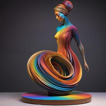 large multi colour (Woman) sculpture on table, in the style of sketchfab, color gradients, collecting and modes of display, metallic rotation, craftcore, wood, spiral group, (background is darkness:1.3)