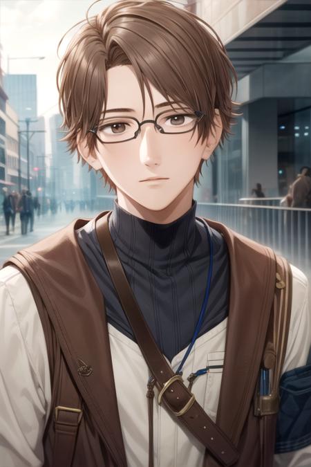 masterpiece, best quality, illustration, 1boy, solo, male focus, looking at viewer, upper body, depth of field, <lora:takayuki_mima:0.74>, takayuki_mima, brown hair, brown eyes, glasses, , science fiction steam punk, High resolution