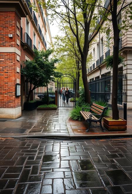 A beautifully lit and composed professional photograph of a Parisian pocket park on a street corner, wet cobblestones, high resolution, early morning rain, weathered bricks and wood, fine details of plants trees, wrought iron gate, park benches, ultra realistic modern day scene
