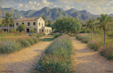(impressionism:1.1), scene painting,scenery,a painting, hacienda ,yard ,field , Dune Field ,