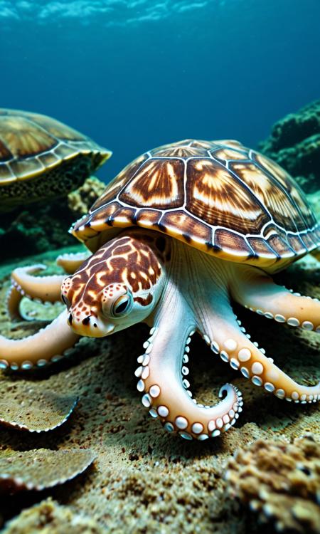 (((Octopus))) turtle, looks like a turtle with a turtle shell, RAW photo, subject, 8k uhd, dslr, soft lighting, high quality, film grain