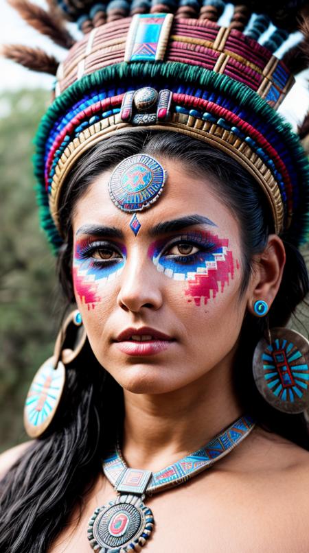 Closeup photo portrait of young woman as, (aztec shaman), epic character composition, frontal view, atmospheric scene, masterpiece, best quality, (detailed beautiful face, detail skin texture, ultra-detailed body:1.1), diffused lighting