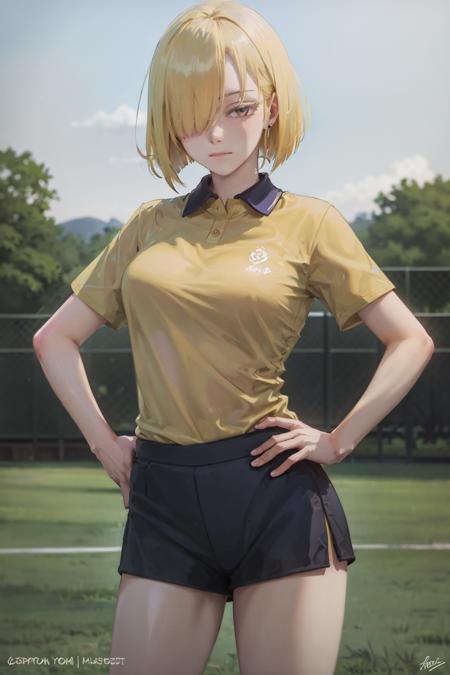 (masterpiece, best quality:1.2), <lora:sxf_frost-20:0.7>, cowboy shot, solo, 1girl, fiona frost, expressionless, closed mouth, hand on hip, blonde hair, purple eyes, tennis uniform, short sleeves, shorts