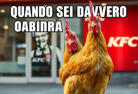 “A realistic, detailed chicken standing confidently in front of a KFC restaurant. The chicken has bright feathers, a sharp gaze, and a proud stance as if aware of its surroundings. The KFC logo is visible in the background, slightly blurred for depth. The scene is captured in a cinematic style with balanced lighting, slightly warm tones, and a shallow depth of field. Overlay bold white text with a black outline in meme style at the top: ‘QUANDO SEI DAVVERO CORAGGIOSO’.”