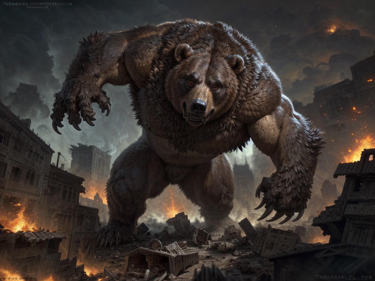 A large, shaggy bear with a fierce expression stands in a city, surrounded by rubble and destruction.