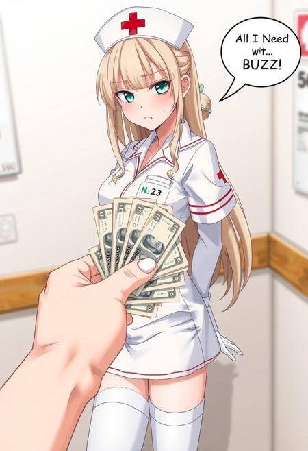 score_9,score_8_up,curvy,expressive,good_hands,<lora:Expressive_H:1>,Expressiveh,depth of field, beautiful, realistic anime style, 
No watermark, No signature, No logo
No pubic hair, No censored, No Deformed body parts, No logo, No Incomplete body parts,
1 Japanese girl, 23 year old, beautiful face, nurse, mini skirts, white_pantyhose, leg_garter, white gloves, nurse_cap, white clothes, red cross mark, 
slender and dynamic nice body, erotic clothes, blonde hair, jade green eyes, angry
girl's speech bubble: "All I need is BUZZ!"
"A realistic depiction of a nurse in a white uniform and cap with a red cross, standing in a clinical setting. In the foreground, a hand offers a stack of currency, creating a contrast between medical professionalism and monetary implication. The scene is well-lit with a neutral background."