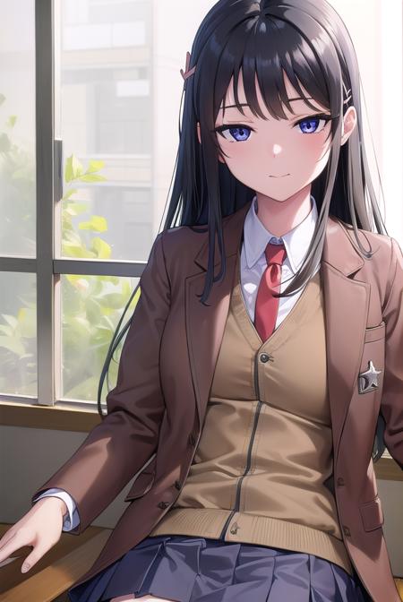 maisakurajima, <lora:maisakurajima-lora-nochekaiser:1>, 
sakurajima mai, long hair, bangs, (black hair:1.5), hair ornament, (purple eyes:1.1), hairclip, rabbit hair ornament, <lora:sensualface_type1:1>, smile,
BREAK skirt, shirt, school uniform, white shirt, short sleeves, pantyhose, pleated skirt, collared shirt, blue skirt, black pantyhose, red necktie, jacket, (brown jacket:1.5),
BREAK indoors, classroom,
BREAK looking at viewer, (cowboy shot:1.5),
BREAK <lyco:GoodHands-beta2:1>, (masterpiece:1.2), best quality, high resolution, unity 8k wallpaper, (illustration:0.8), (beautiful detailed eyes:1.6), extremely detailed face, perfect lighting, extremely detailed CG, (perfect hands, perfect anatomy),