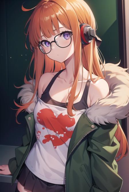 futabasakura, <lora:futabasakuratest:1>, futaba sakura, orange hair, long hair, (purple eyes:1.1), ahoge, (small breast:1.2), glasses,
BREAK behind-the-head headphones, glasses, belt boots, black footwear, black thighhighs, cross-laced footwear, fur trim, fur-trimmed jacket, green jacket, headphones, jacket, knee boots, lace-up boots, off shoulder, off-shoulder shirt, shirt, t-shirt, thighhighs, thighhighs under boots,,
BREAK looking at viewer,
BREAK indoors, classroom,
BREAK <lora:GoodHands-vanilla:1>, (masterpiece:1.2), best quality, high resolution, unity 8k wallpaper, (illustration:0.8), (beautiful detailed eyes:1.6), extremely detailed face, perfect lighting, extremely detailed CG, (perfect hands, perfect anatomy),