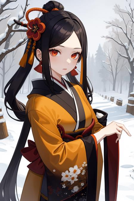 qianzhi,1girl,flower,hair ornament,solo,black hair,japanese clothes,hair flower,kimono,orange eyes,wide sleeves,red eyes,earrings,red flower,looking at viewer,long sleeves,jewelry,snowing,snow,bangs,<lora:åç»-000019:0.8:lbw=role>,, 1girl,
,  (masterpiece,best quality:1.2),absurdres