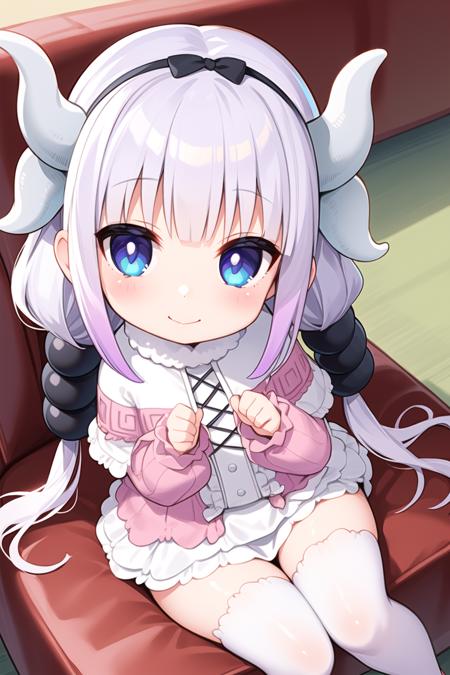 1girl,  <lora:Kanna5-15:1>, kannakamui, dress, dragon horns, thighhighs, hair beads, low twintails, sitting, couch, from above, looking up, light smile,