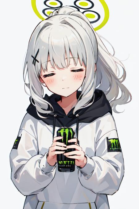 <lora:hare:0.8> hare \(blue archive\), blush, closed mouth, simple background, hood down, monster energy, hoodie, can, solo, hood, white hair, closed eyes, grey background, long hair, hair intakes, 1girl, ponytail, upper body, black hoodie, holding, halo