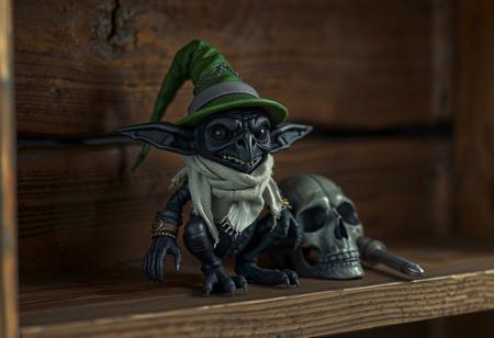 A black grimdark Scrap Goblin, adorned with a green hat and white scarf, sits on a wooden shelf. A gray skull is arranged beside it. A focused still life, intricate details pop against a blurred background. Grimdark aesthetic. Highly detailed render, volumetric lighting, ray tracing, 8k. Trending on Artstation, CGSociety.