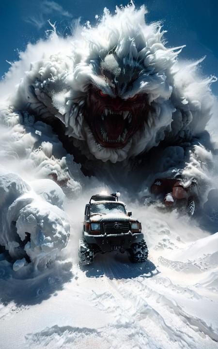 (gigantic snow white hair monster face avalanche:1.1),chasing a snow vehicle, close up, desert place, (foot steps on snow:1.1), windstorm, snow-covered, futuristic atmosphere, extremely detailed, cinematic light, masterpiece, OverallDetail-SDXL, <lora:add-detail-xl:1>, <lora:xl_more_art-full_v1:0.5>, <lora:Radiant_Darkness:1> ,<lora:Desolation:0.4>,ice vapor,dark light,morning light ,<lora:Sinister_Style_SDXL:1>