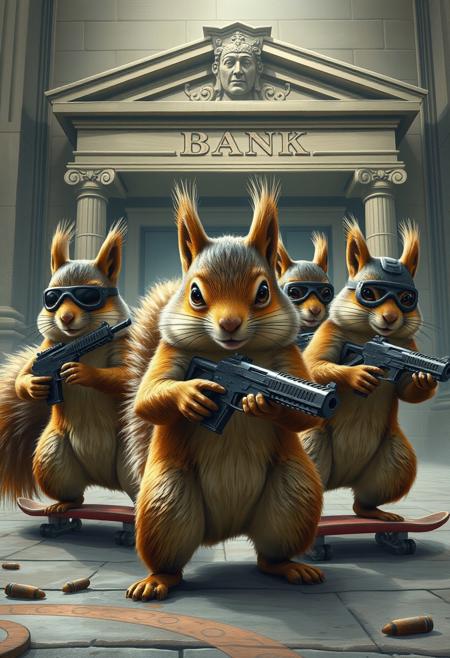 A team of squirrels conducting a high-stakes bank heist, complete with acorn-shaped explosives and guns in hands, squirrel-sized ski masks, and getaway skateboards, realistic, highly detailed