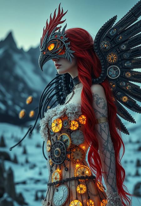(Soft Lighting Photography by Mimoza Veliu and Mario Giacomelli:1.2), NSFW,  　masterpiece, surreal, elegant, long-haired woman with red hair, seamlessly merging with a clockwork phoenix, her crystal dress transformed into an intricate network of blackened gears and springs, each part interlocking with metallic precision and glowing with a faint, yellow luminescence, elaborate silver and red mask with frosted details, frozen mountains backdrop with sunny and sand formations, intricate details throughout the scene, reflecting a red-tinted metallic sheen that contrasts with the black and  yellow crystalline elements of her form, enchanting and eerie, dark queen, beauty, glacial elegance, 8k, hyperrealistic, soft focus, sexy, dynamic poses, fire